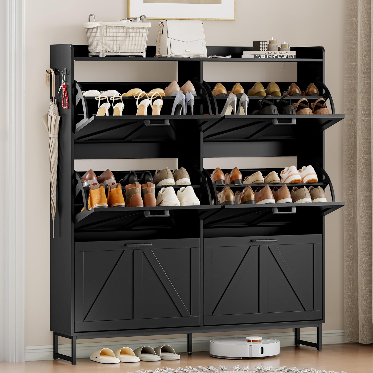 Wodeer Shoe Cabinet Storage for Entryway, Shoe Storage Cabinet with 6 Flip Drawers, Freestanding Narrow Shoe Rack Organizer with Metal Legs, Adjustable Shelves & Open Storage for Foyer, Hallway, Black