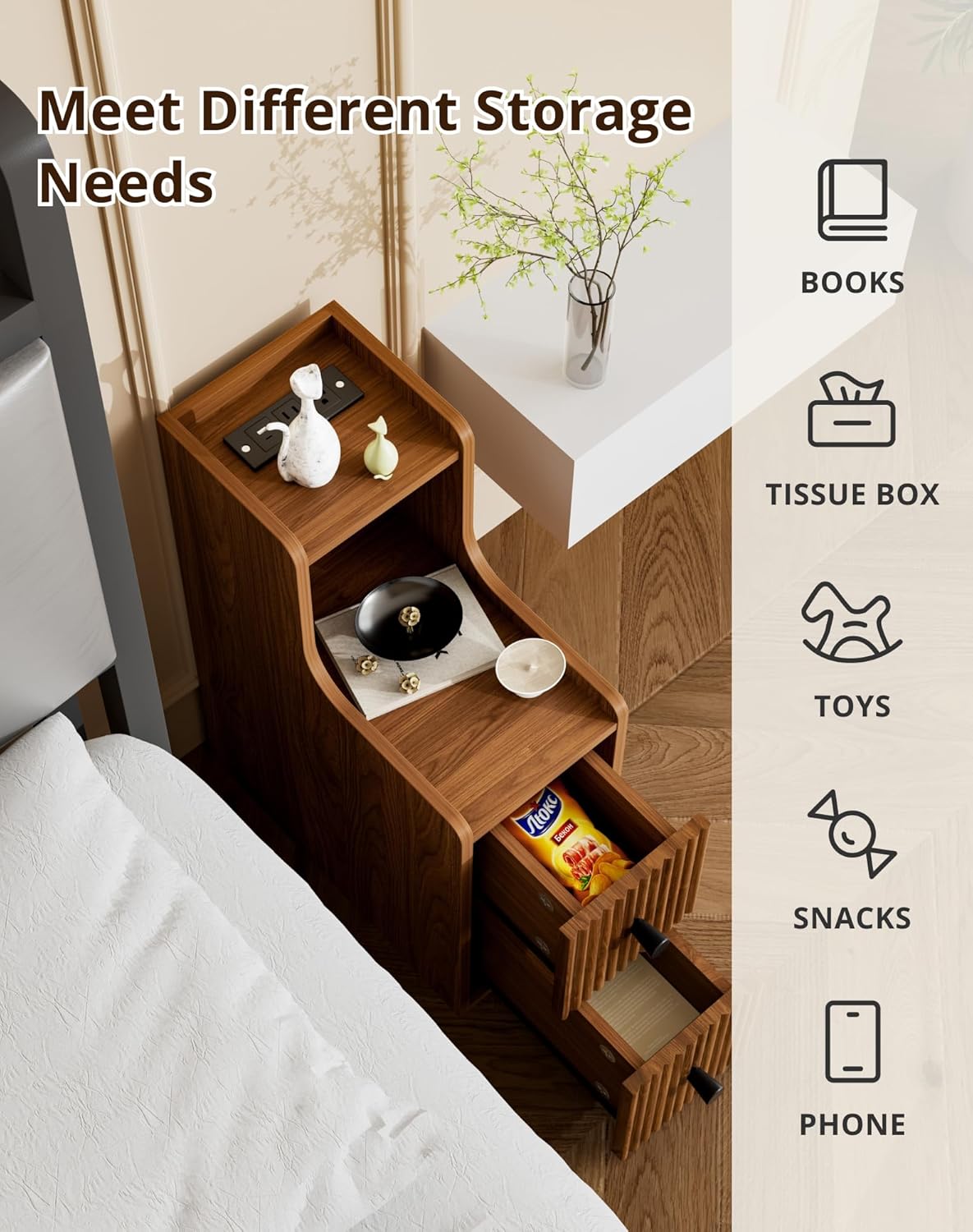 Narrow Side Table with Charging Station, Slim Nightstands with Storage Drawers, Mid Century Modern Bedside Tables for Living Room, Small Spaces, Bedroom