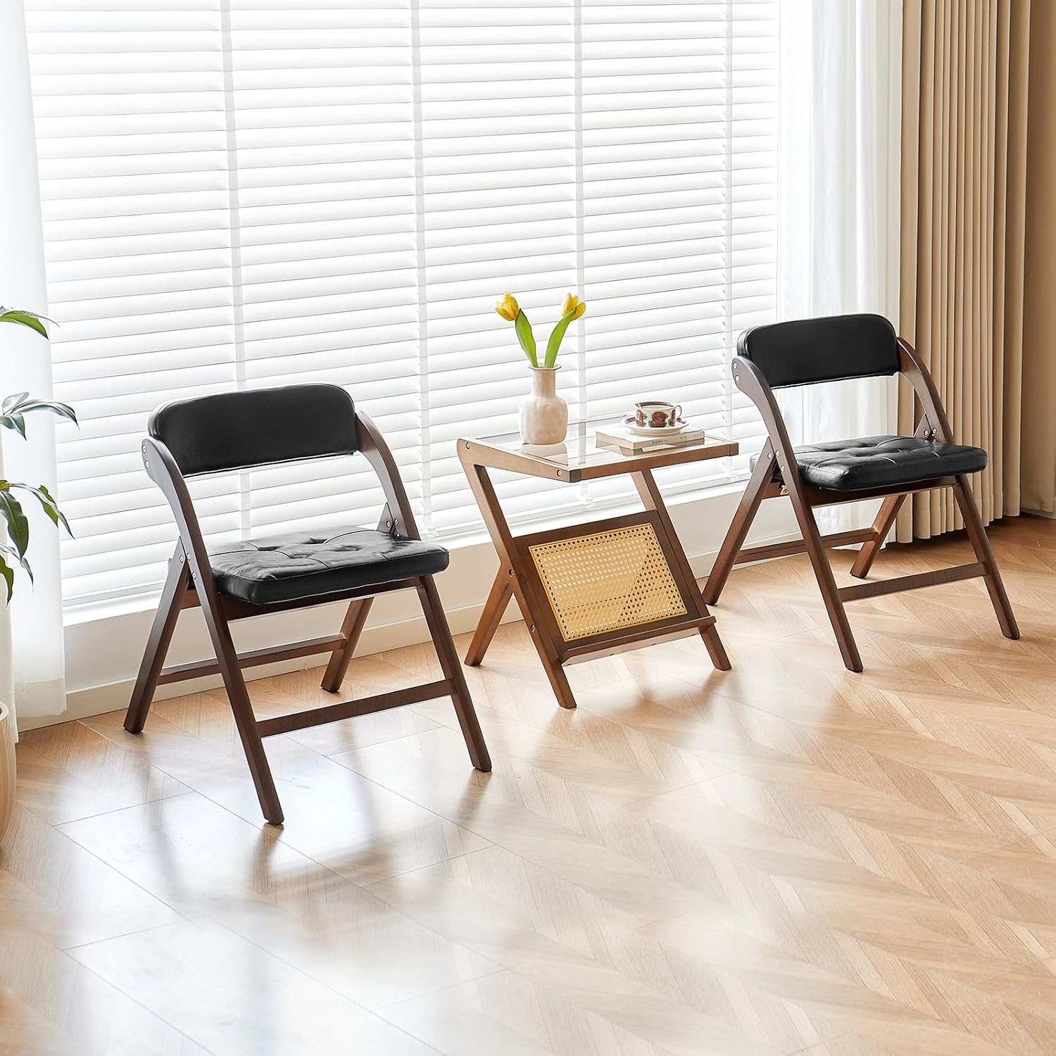 Wooden Folding Chairs Set of 2, Folding Chairs with Padded Seats, 31" Stackable Folding Dining Chairs, Folding Extra Chair for Guests Kitchen, Bedroom, Living Room, Party Chairs, Walnut Brown