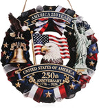 Spiritlele 250th Anniversary USA Door Sign Patriotic Wreath 4th of July Hanging Plaque 250 Years Indoor Decoration for Front Door Home Office Celebration Gift
