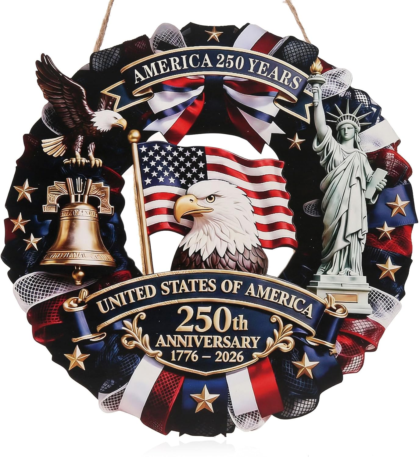 Spiritlele 250th Anniversary USA Door Sign Patriotic Wreath 4th of July Hanging Plaque 250 Years Indoor Decoration for Front Door Home Office Celebration Gift