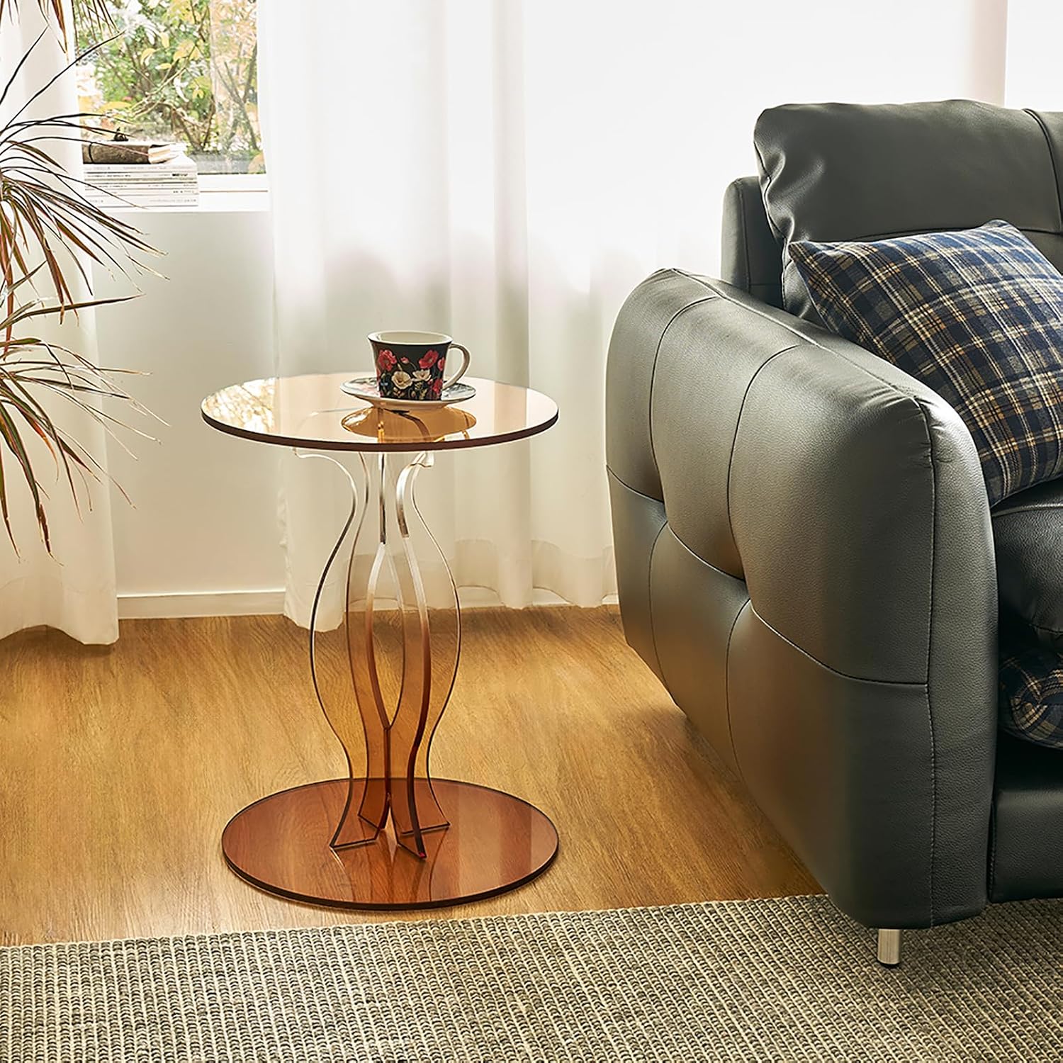 Acrylic Side Table, Clear End Table, Round Drink Table, Modern Nightstand for Living Room, Coffee Tables for Bedroom, Amber