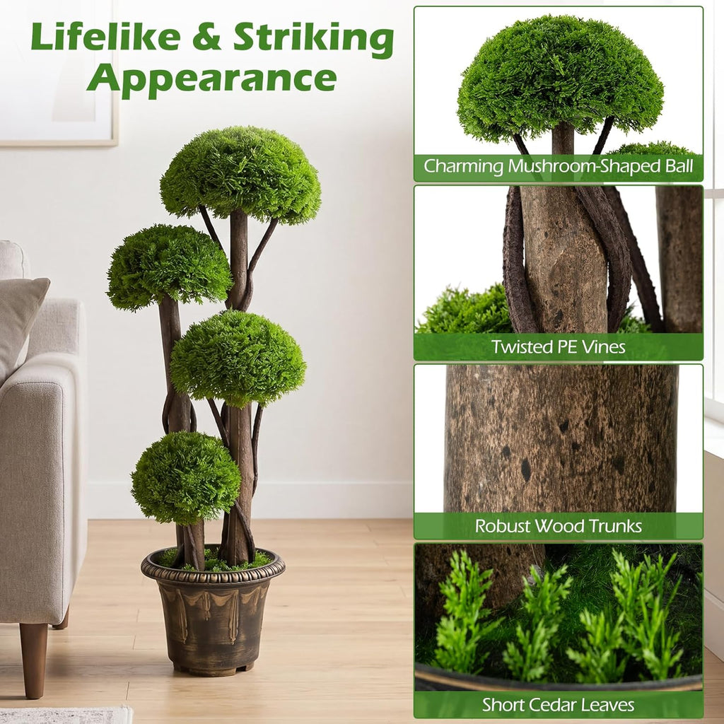 Goplus 3 FT Artificial Cypress Topiary Ball Tree, Faux Greenery Plant with Cement-Filled Planter, Vines, Real Wood Trunks, Indoor Outdoor Fake Shrub Plant for Office Home Front Porch Decor (2 Pack)