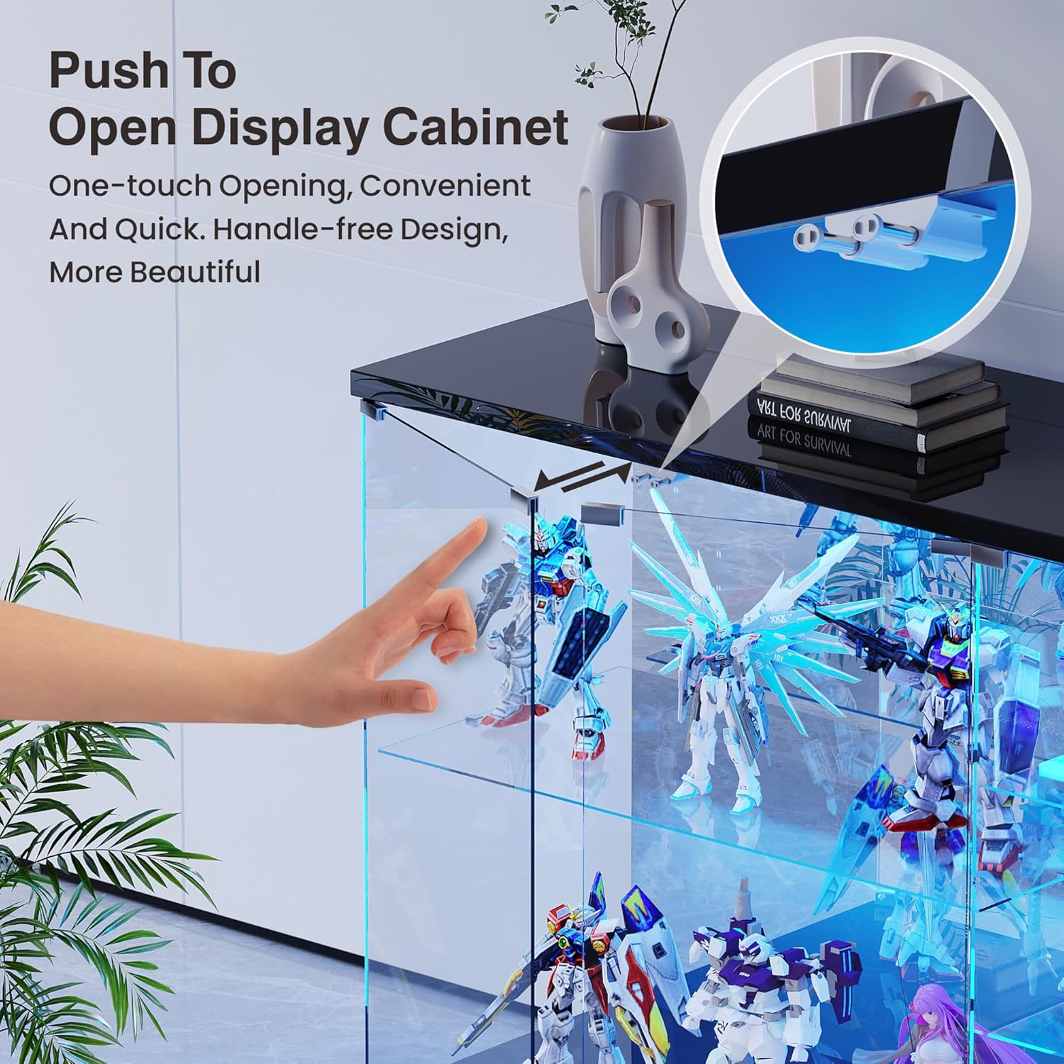 RGB Glass Display Cabinet - with Human Body Sensor, High Gloss Sideboard with Lock & Glass Shelves for Toys, Books, Collectibles, Liquor, Bookcase for Living Room, Kitchen, Study, Black