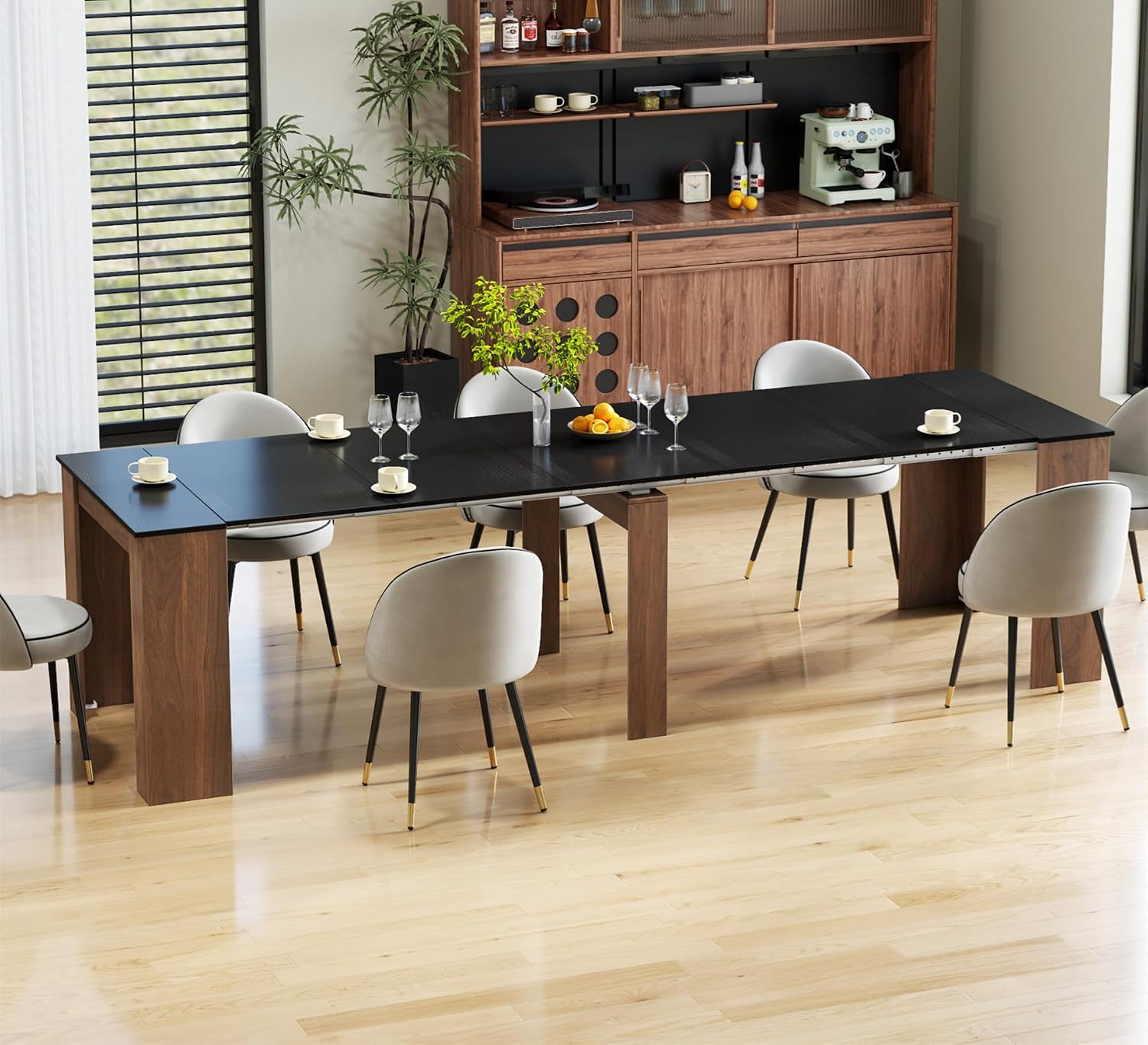 SSLine Rectangular Extendable Dining Table 35"-118" Super Long Conference Meeting Table for 6 8 10 12 People Black Walnut Expandable Kitchen Tables for Home Office Computer Table