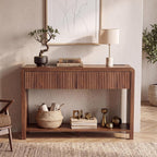 Seang Fluted Sofa Table with Power Outlets,47" Narrow Console Table with 2 Drawers Behind Couch,Curved Entryway Tables with Open Storage for Entrance,Hallway,Living Room,Dark Walnut