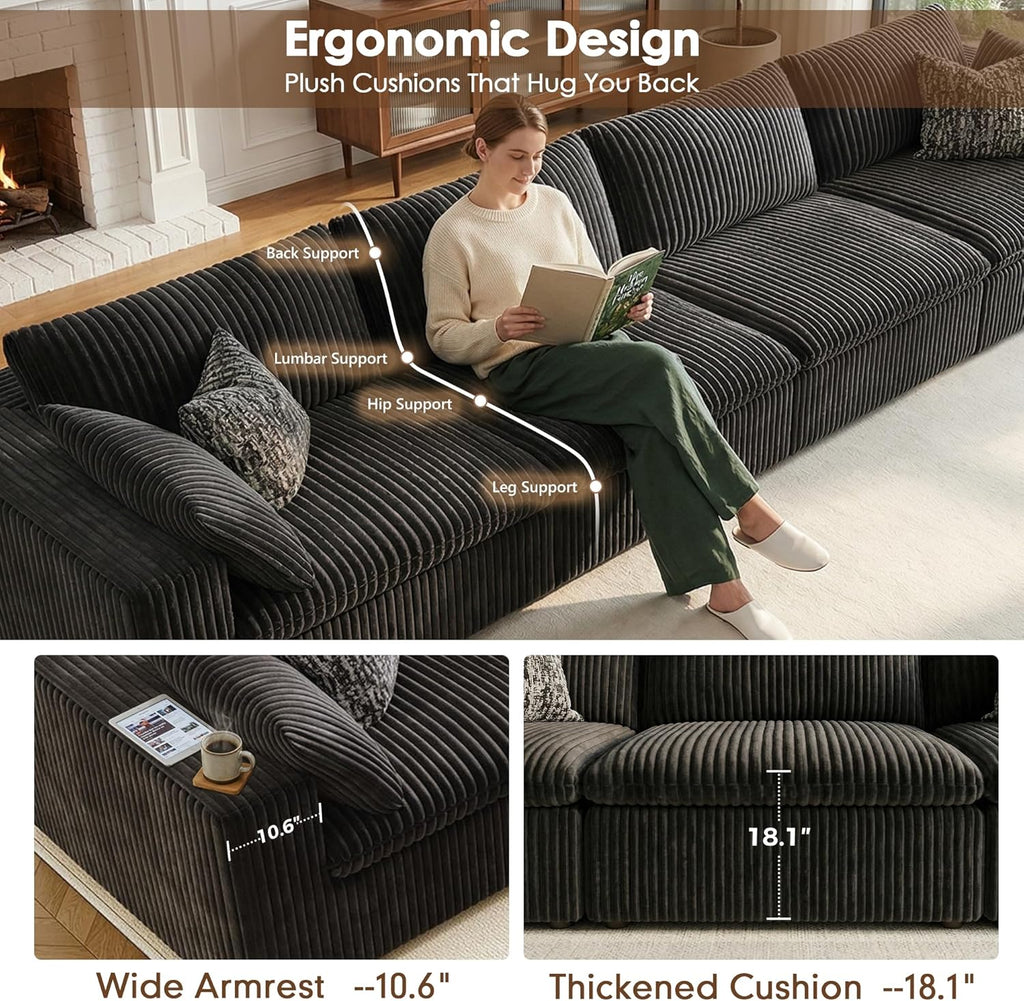 157.6" Cloud Couch Oversized Modular Sectional Sofa, Boneless U-Shaped 8 Seater Deep Seat Couch with Ottoman, Soft Corduroy Upholstery, DIY Combination for Living Room, No Assembly Required, Black