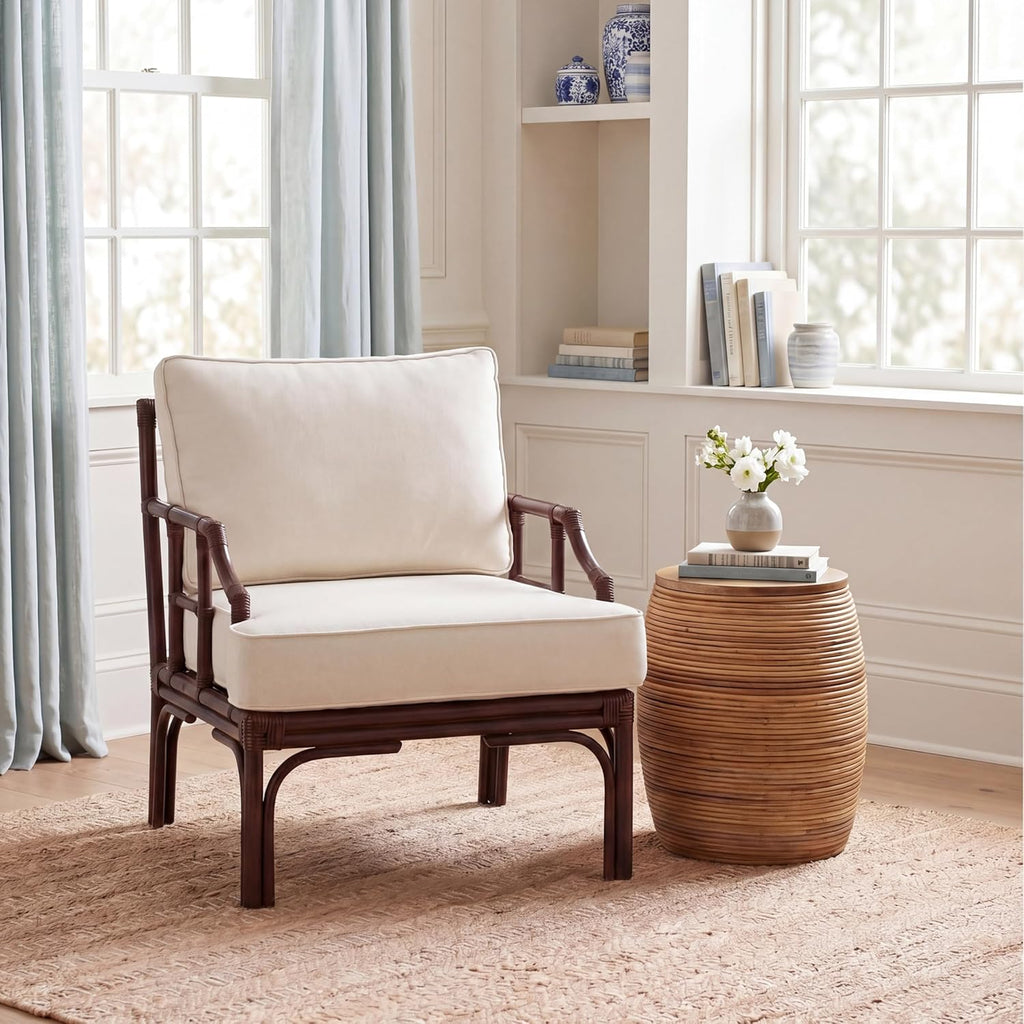 SAFAVIEH Furniture - Kazumi Accent Chair - Coastal Design White Cushion & Chocolate Brown Rattan - Fully Assembled - Ideal for Living Room, Bedroom, Dining Space, 19.7" Seat Height (ACH6508C)