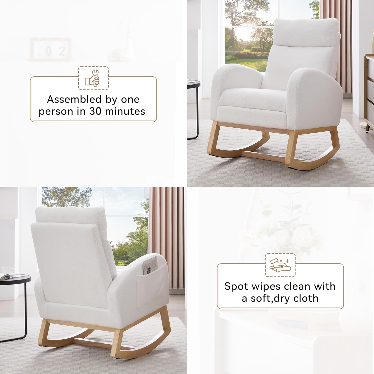 Teddy Fabric Rocking Chair with Adjustable Footstool, Nursery Rocker, High Backrest & Storage Pocket, White, 35.04"-49.21" D X 27.36" W X 40.16"-41.73" H