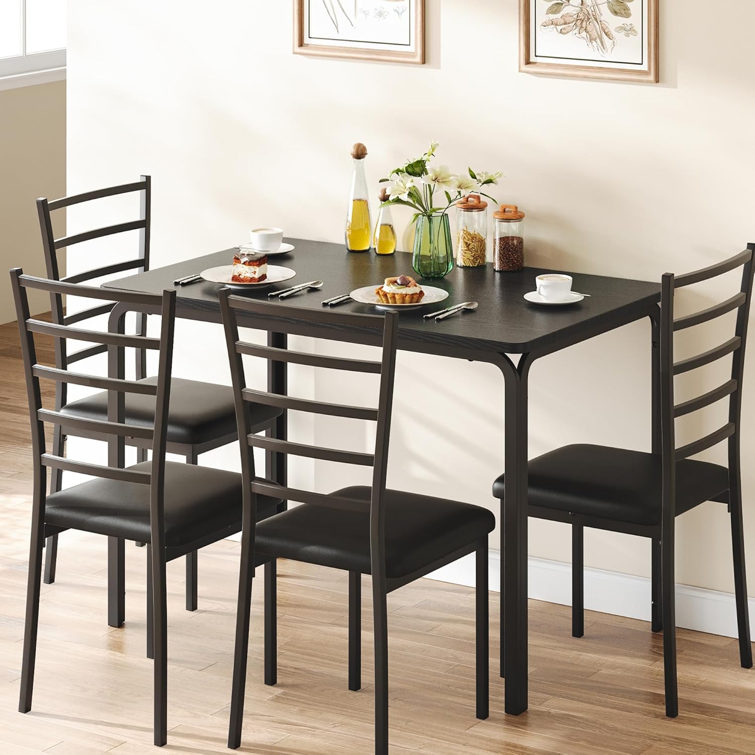 GarveeHome 5-Piece Kitchen Dining Room Table Chair Set for Small Space, Indoor Modern Dinette Set for 4, Square Dinner Table Set for Dinette (Black, Dining Table with 4 Chairs)