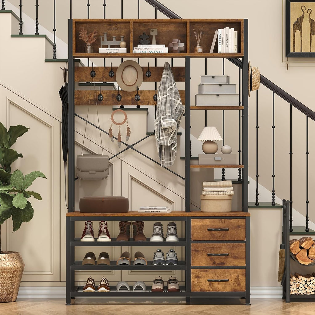39.4'' Hall Tree with Bench and Shoe Storage, Entryway Bench with Coat Rack, 25-in-1 Tall Hall Tree with Led Lights (Rustic)