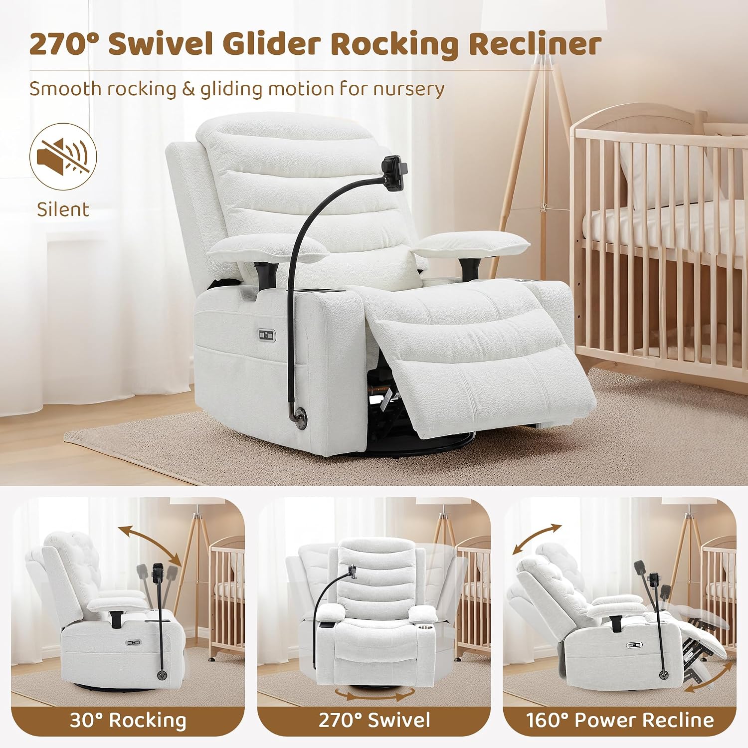 Olela Power Glider Recliner Nursery Chair, Swivel Rocking Chair with Electric Lumbar Support, USB Charging, Smart Cup Holder, Light, Adjustable Armrest, Wireless Phone Charger Holder, Chenille