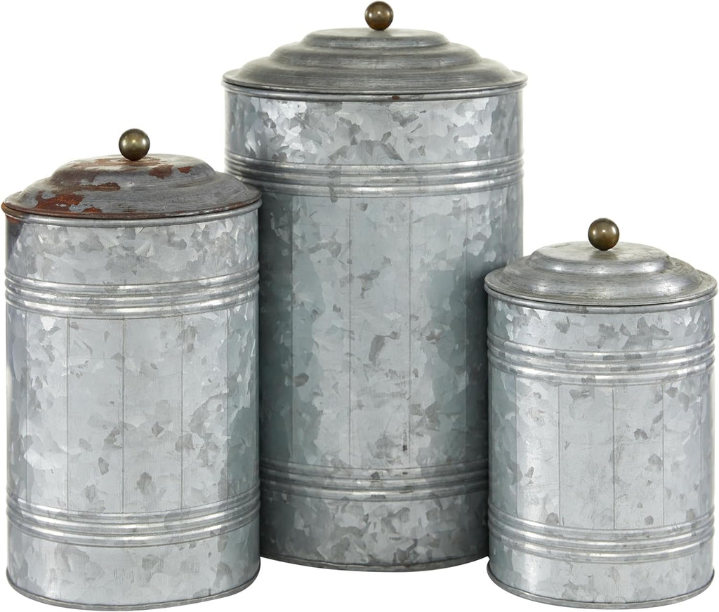 Deco 79 Metal Living Room Decorative Jars Galvanized Ribbed Decorative Container with Gold Ball Knobs, Set of 3 Jar with Lid 12", 9", 8"H, Gray