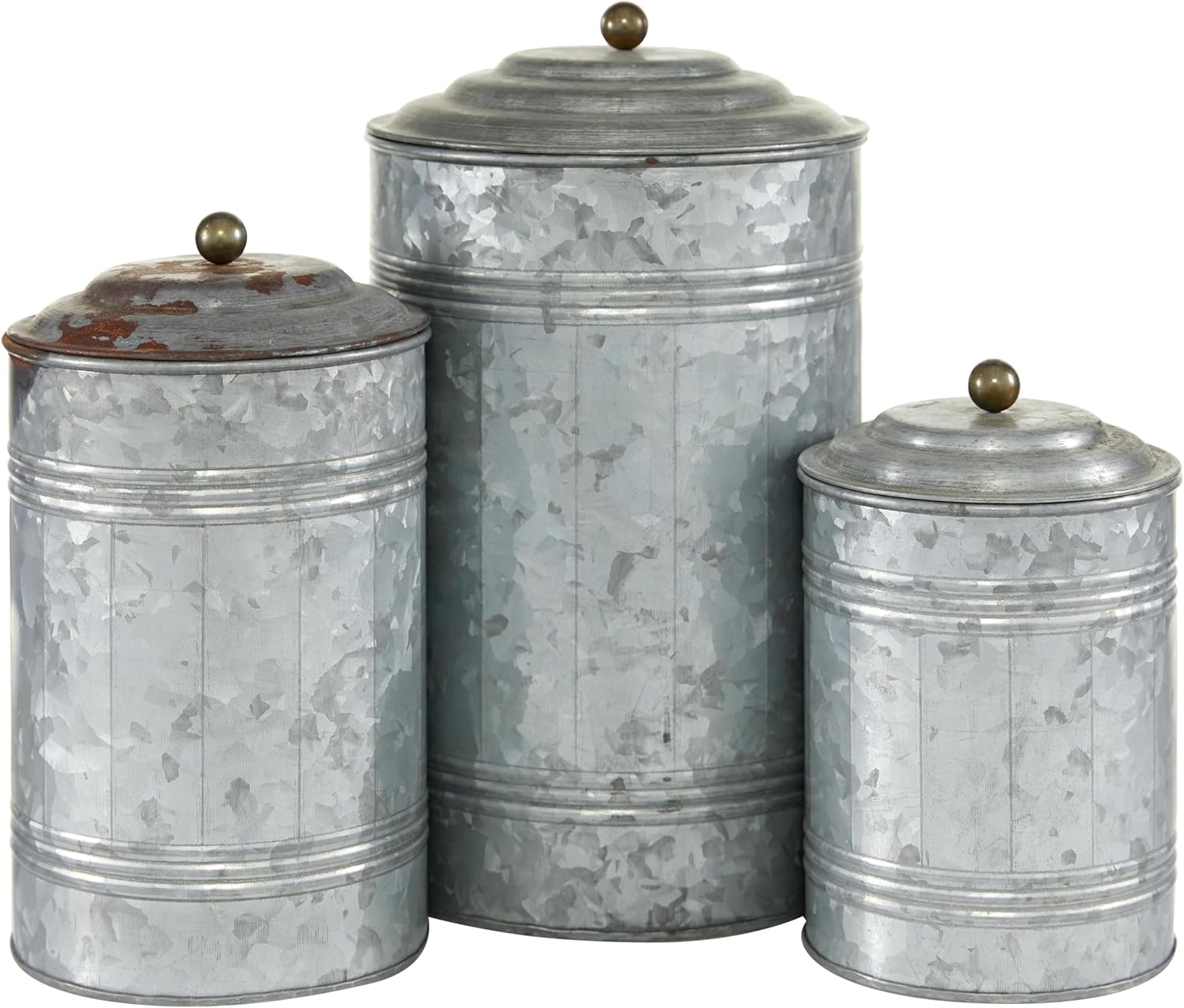 Deco 79 Metal Living Room Decorative Jars Galvanized Ribbed Decorative Container with Gold Ball Knobs, Set of 3 Jar with Lid 12", 9", 8"H, Gray