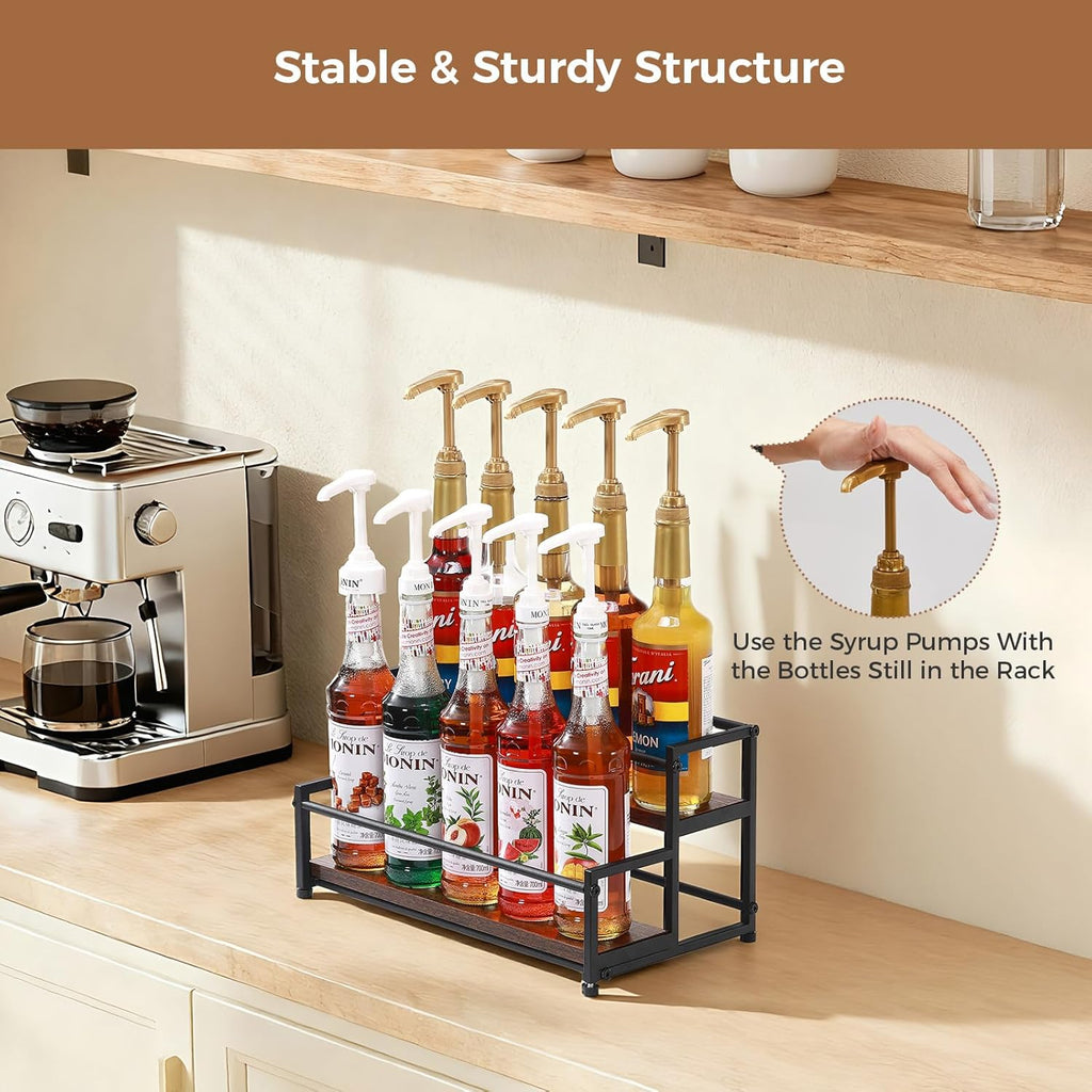 Coffee Syrup Rack Organizer, 2-Tier 10 Syrup Bottles Holder Stand for Coffee Bar, Liquor Bottle Display Shelf Bar Shelf Stand Countertop Rack for Syrup, Wine, Spice