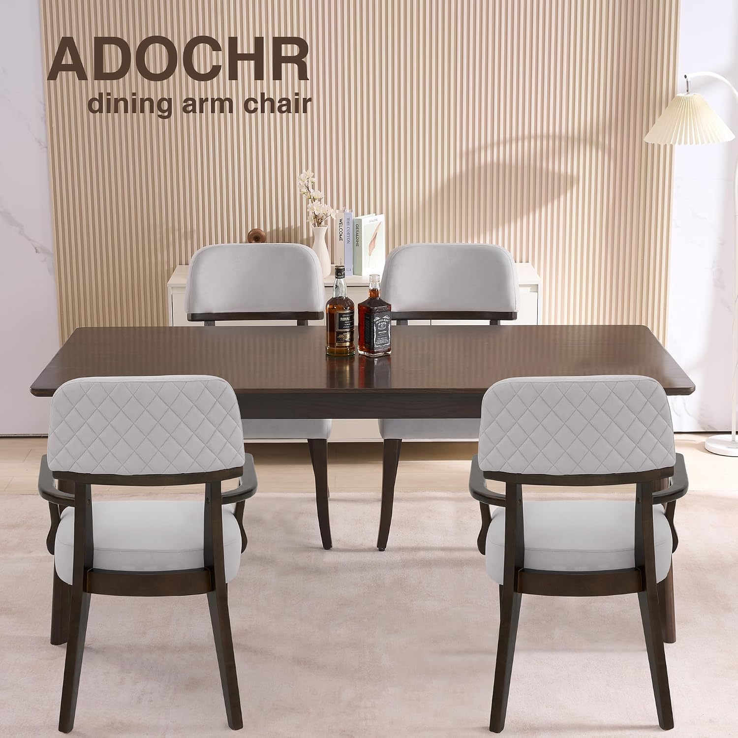 adochr Modern Wood Dining Chairs with Arms, Velvet Upholstered Kitchen Chairs with Hardwood Legs & Open Curved Backrest, Accent Chairs 350 LBS Capacity, Grey