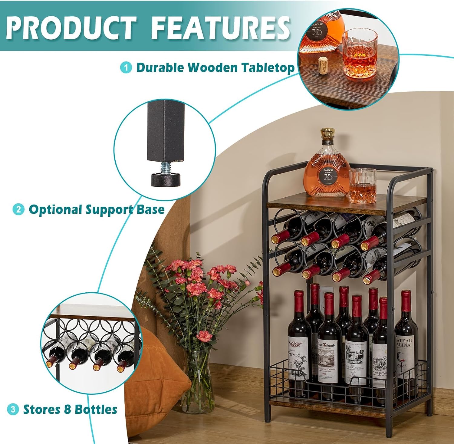 3-Tier Wine Rack Freestanding Floor Cabinet Corner Bar Cabinet Bar Cart,12 Individual Wine Storage Bottle Compartments Corner Bar Cabinet Holder,Wood + Black Frame Liquor Cabinet