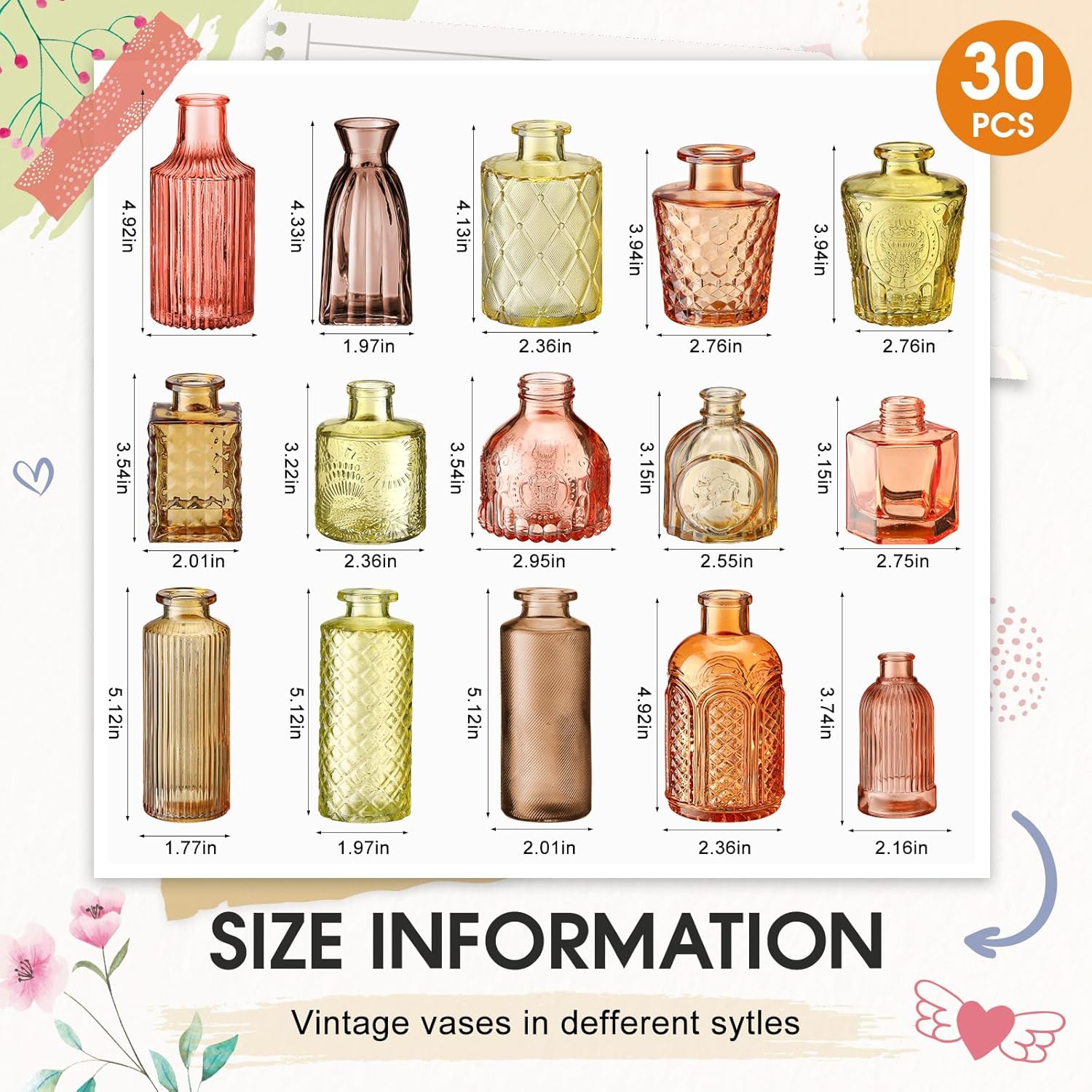 Yaomiao 30 Pcs Vases Bulk Colored Flower Glass Bud Vases Valentine Vintage Colored Glass Bottles Colorful Rustic Embossed for Home Wedding Table Decorations Gifts(Orange Yellow Series)