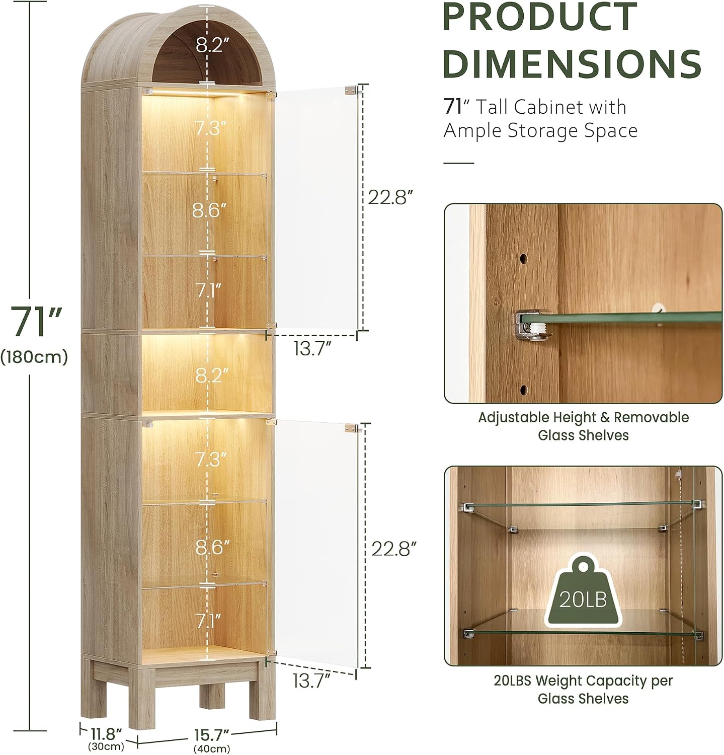 71" H Narrow Arched Display Cabinet with Glass Doors & 8-Tier Shelves, Slim Curio Cabinets with LED Lights for Collectibles/Perfume, Tall Storage Cabinets for Corner, Small Space (Oak)
