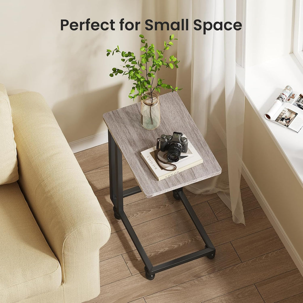 Sweetcrispy C Tables Counch that Slide Under, Bed Side Table Tray Sofa Portable Rolling with Wheels Metal Frame Adjustable Feet, Wood Stand for Living Room Entryway Small Space Bedroom, Grey