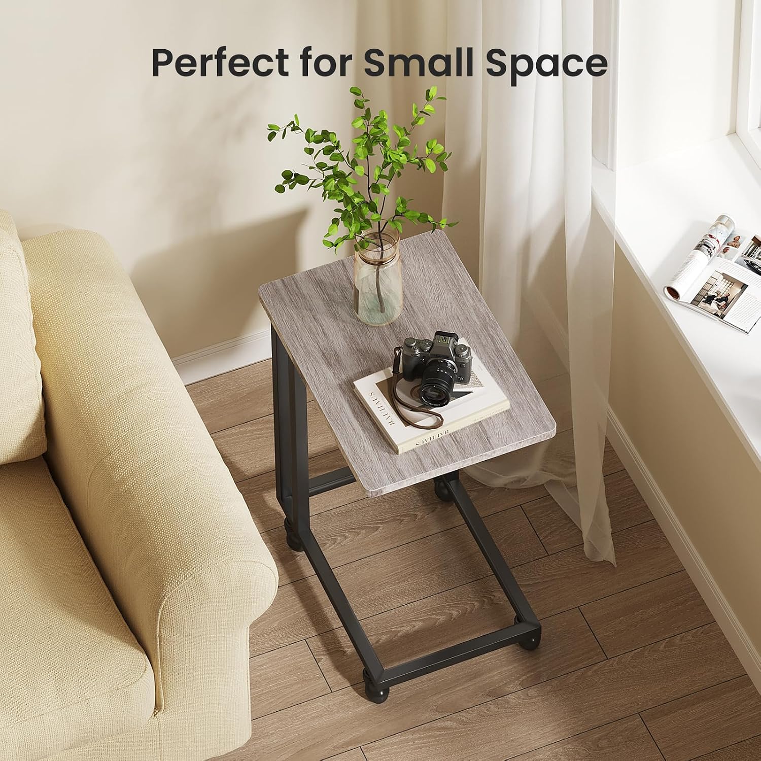 Sweetcrispy C Tables Counch that Slide Under, Bed Side Table Tray Sofa Portable Rolling with Wheels Metal Frame Adjustable Feet, Wood Stand for Living Room Entryway Small Space Bedroom, Grey