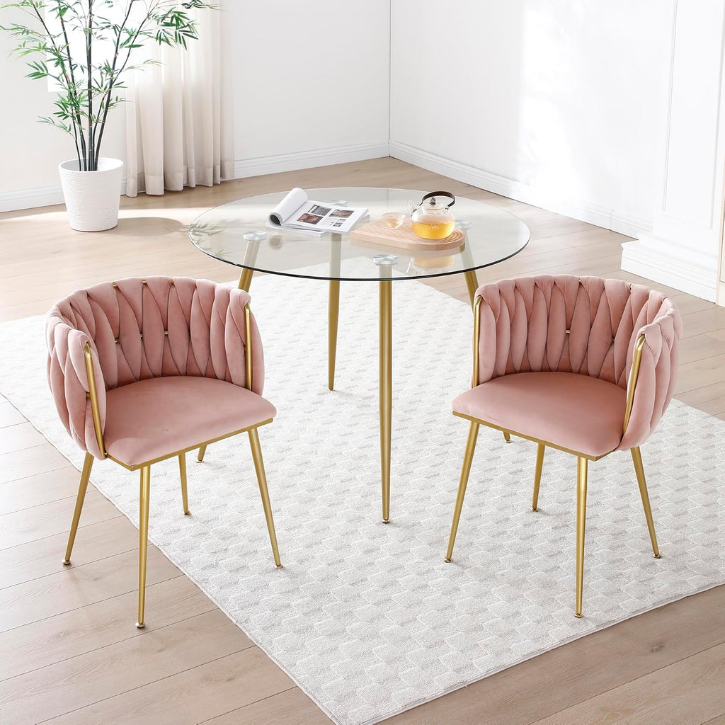 KEIKI Modern Velvet Dining Chairs Set of 2, Upholstered Woven Accent Dining Chairs with Gold Metal Legs, Tufted Back, Kitchen & Dining Room Chairs for Living Room, Bedroom, Vanity, Pink