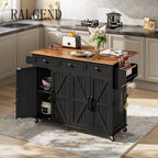 RALGEND Kitchen Island with Drop Leaf & Power Outlet, Rolling Kitchen Island Cart On Wheels, Barn Door Kitchen Island Table with Storage, Island Table for Kitchen, Black and Rustic Brown