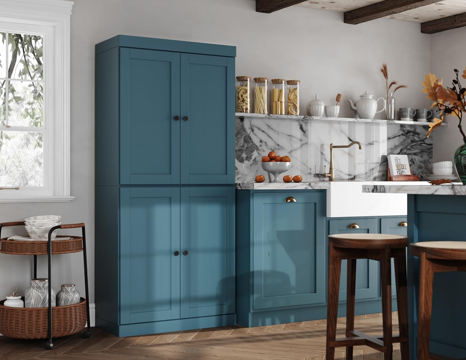 Palace Imports Solid Wood Kitchen Pantry Cabinet - 71.5" Tall x 32" Wide - Wooden Storage Cabinet w/ 4 Shaker Doors & 4 Adjustable Shelves, Teal Blue, 100% Renewable Eco-Friendly Wood, Made in Brazil