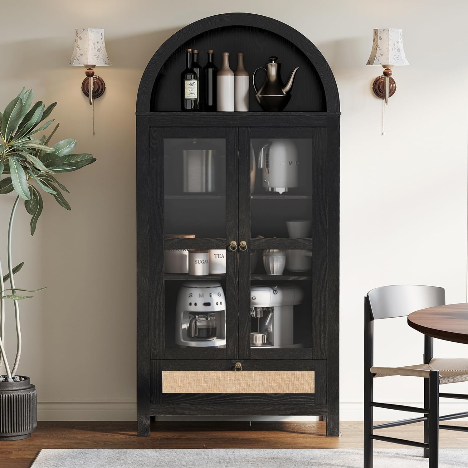 71” Tall Arched Kitchen Pantry Cabinet, Modern Farmhouse Hutch Storage Cabinets with Large Drawer and Glass Doors for Kitchen, Dining Room, Living Room, Black
