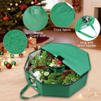 BrilliantJo Wreath Storage Hard Shell Christmas Decorations Case Bag with Interior Pockets 600D Oxford Fabric 24 Inch Xmas Container Box for Holiday Zipper and Handles Labeling Card Slot Green