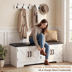 Farmhouse Shoe Storage Bench with Cushion - 43.3" Entryway Bench with Storage & 4 Barn Doors, 2-Tier Wooden Shoe Rack Bench, Hidden Shoe Cabinet & Mudroom Bench for Bedroom Hallway Living Room, White