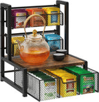 Homode Tea Bag Organizer, 3 Tier Tea Storage Container Box, Wood Tea Station Caddy, Teabag Holder Stand with Drawer Basket, Large Tea Chest Display Rack for Countertop Cabinet Office, Rustic Brown