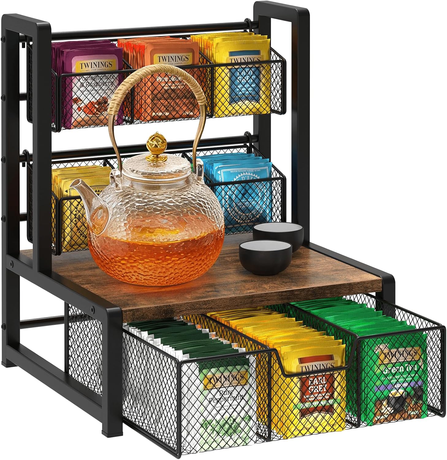 Homode Tea Bag Organizer, 3 Tier Tea Storage Container Box, Wood Tea Station Caddy, Teabag Holder Stand with Drawer Basket, Large Tea Chest Display Rack for Countertop Cabinet Office, Rustic Brown
