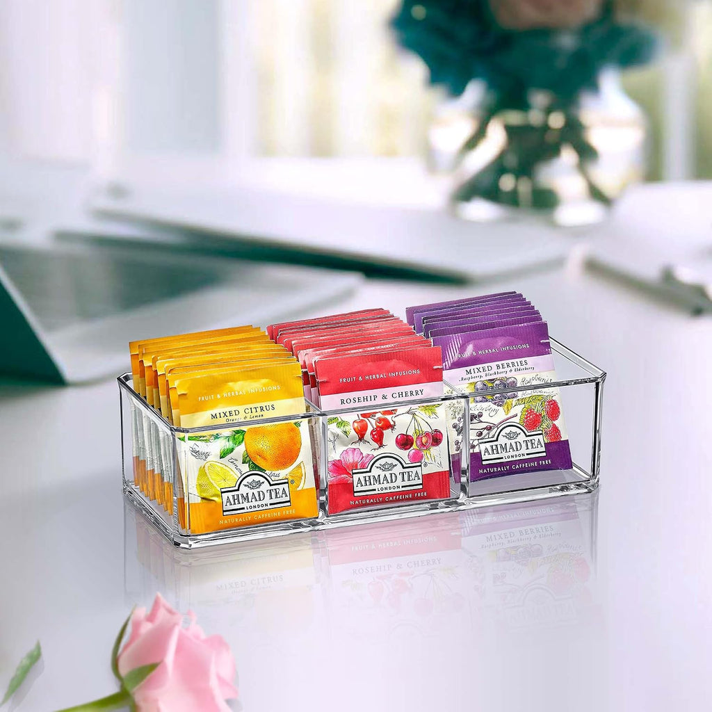 Amazing Abby - SereniTEA - 2-Pack Acrylic 3-Compartment Tea Bag Organizer, Clear Plastic Tea Box, 3-Slot Tea Chest, Perfect Tea Storage Solution for Kitchen Cabinet, Countertop, Pantry, and More