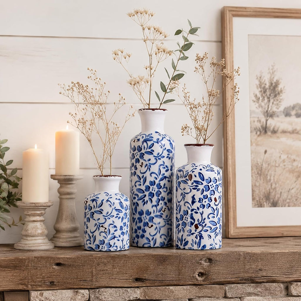 Blue and White Ceramic Vase Set of 3 – Vintage Floral Porcelain Pottery Vases, Rustic Decorative Vases for Flowers, Farmhouse Chinoiserie Home Decor, Table, Mantel, Living Room & Shelf Centerpieces