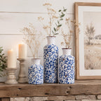 Blue and White Ceramic Vase Set of 3 – Vintage Floral Porcelain Pottery Vases, Rustic Decorative Vases for Flowers, Farmhouse Chinoiserie Home Decor, Table, Mantel, Living Room & Shelf Centerpieces