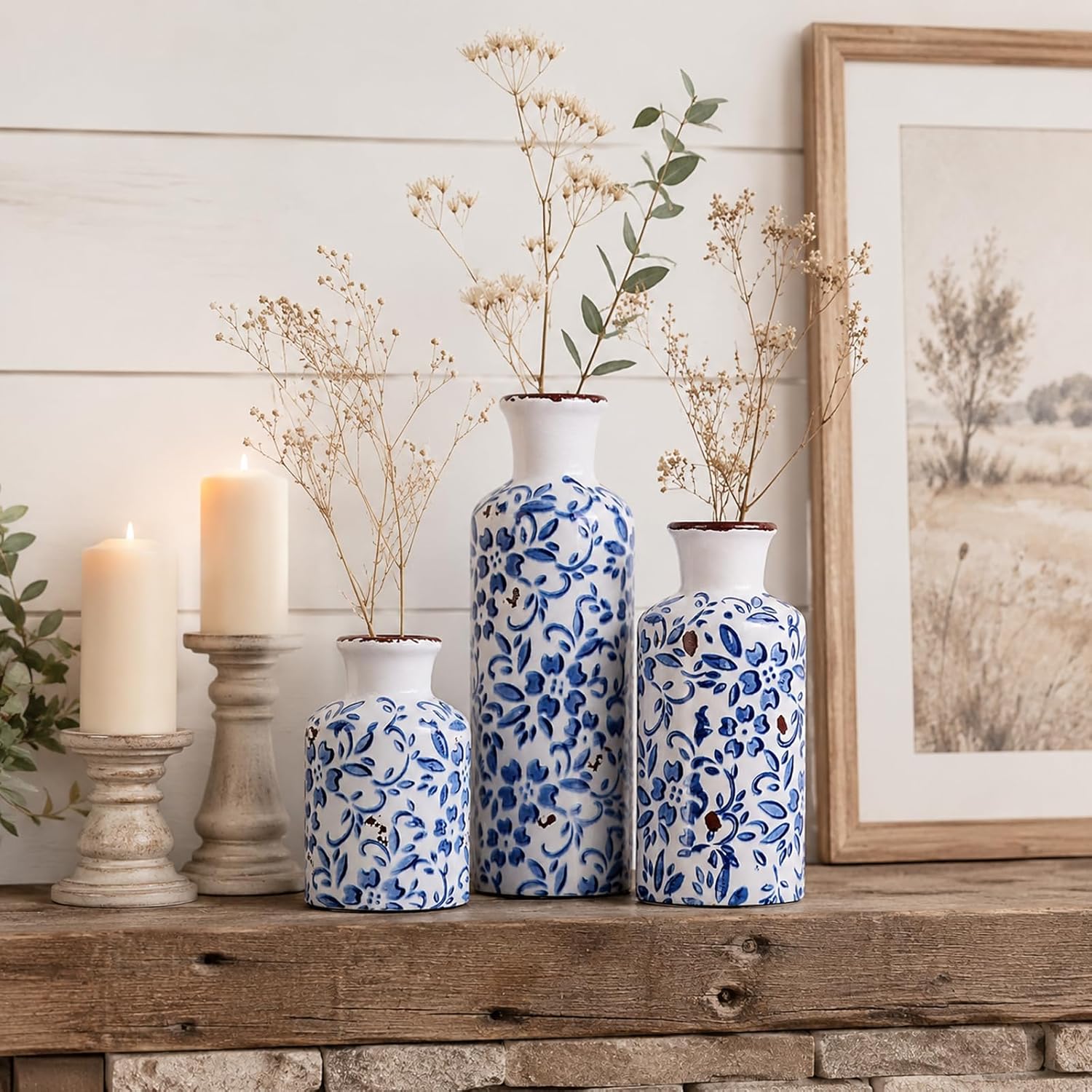 Blue and White Ceramic Vase Set of 3 – Vintage Floral Porcelain Pottery Vases, Rustic Decorative Vases for Flowers, Farmhouse Chinoiserie Home Decor, Table, Mantel, Living Room & Shelf Centerpieces