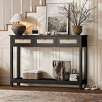 LAZZO Rattan Console Table Boho Entryway Table Narrow Long Sofa Table Hallway Foyer Table Behind Couch Table with 3 Drawers and Open Storage Shelf for Living Room and Corridor Black