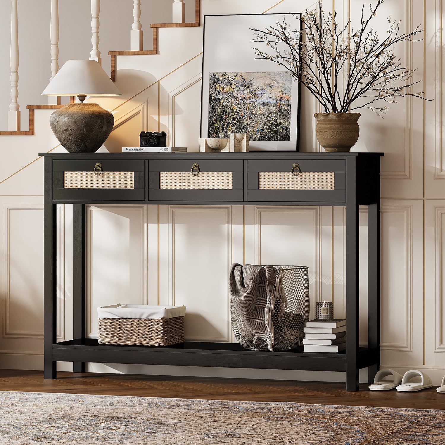 LAZZO Rattan Console Table Boho Entryway Table Narrow Long Sofa Table Hallway Foyer Table Behind Couch Table with 3 Drawers and Open Storage Shelf for Living Room and Corridor Black