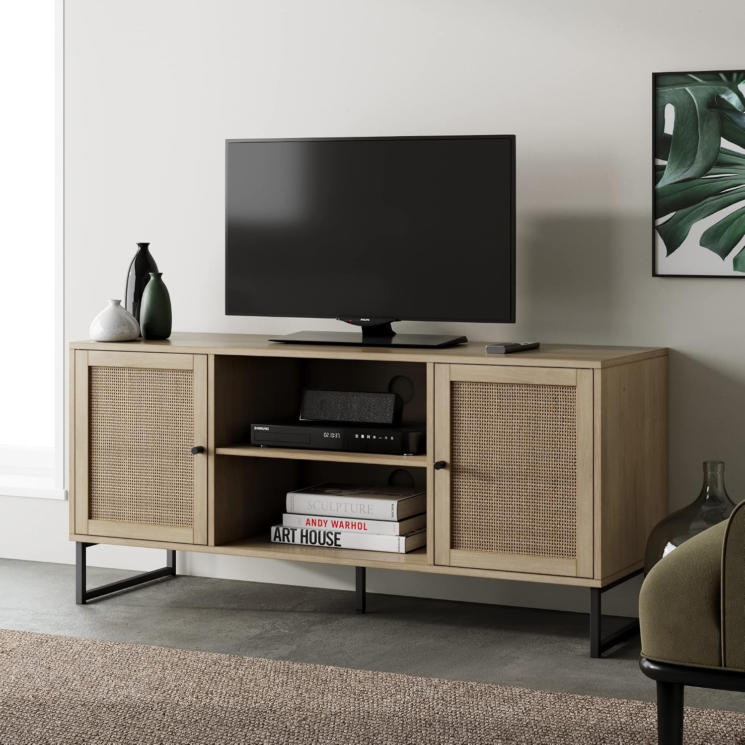 Nathan James Kendall Round Nesting Coffee Set of 2, Light Brown & 74101 Mina Modern TV Stand, Oak Wood Finish, Oak/Black