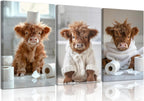 3Pcs Funny Highland Cow Bathroom Canvas Wall Art Brown Cute Animal Picture Wall Decor Cow Baby Rustic Farmhouse Poster Print Artwork for Children's Room Nursery Bathroom Restroom Home Decoration