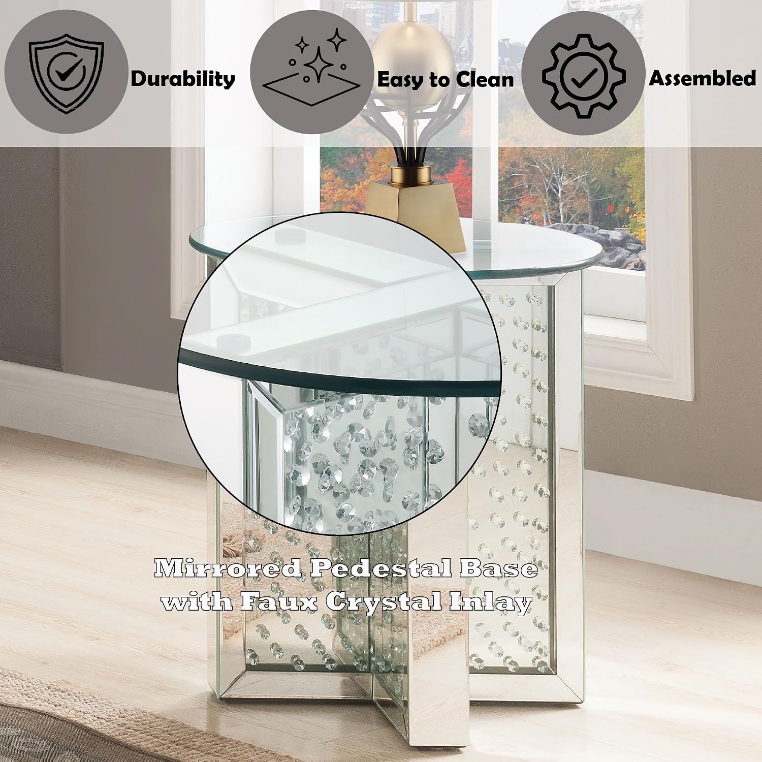 Nysa Modern 21" Round Mirrored End Table with Faux Crystal Inlay, Glam X-Shape Pedestal Side Table, Tempered Glass Top Nightstand for Bedroom, Fully Assembled Accent Table for Living Room