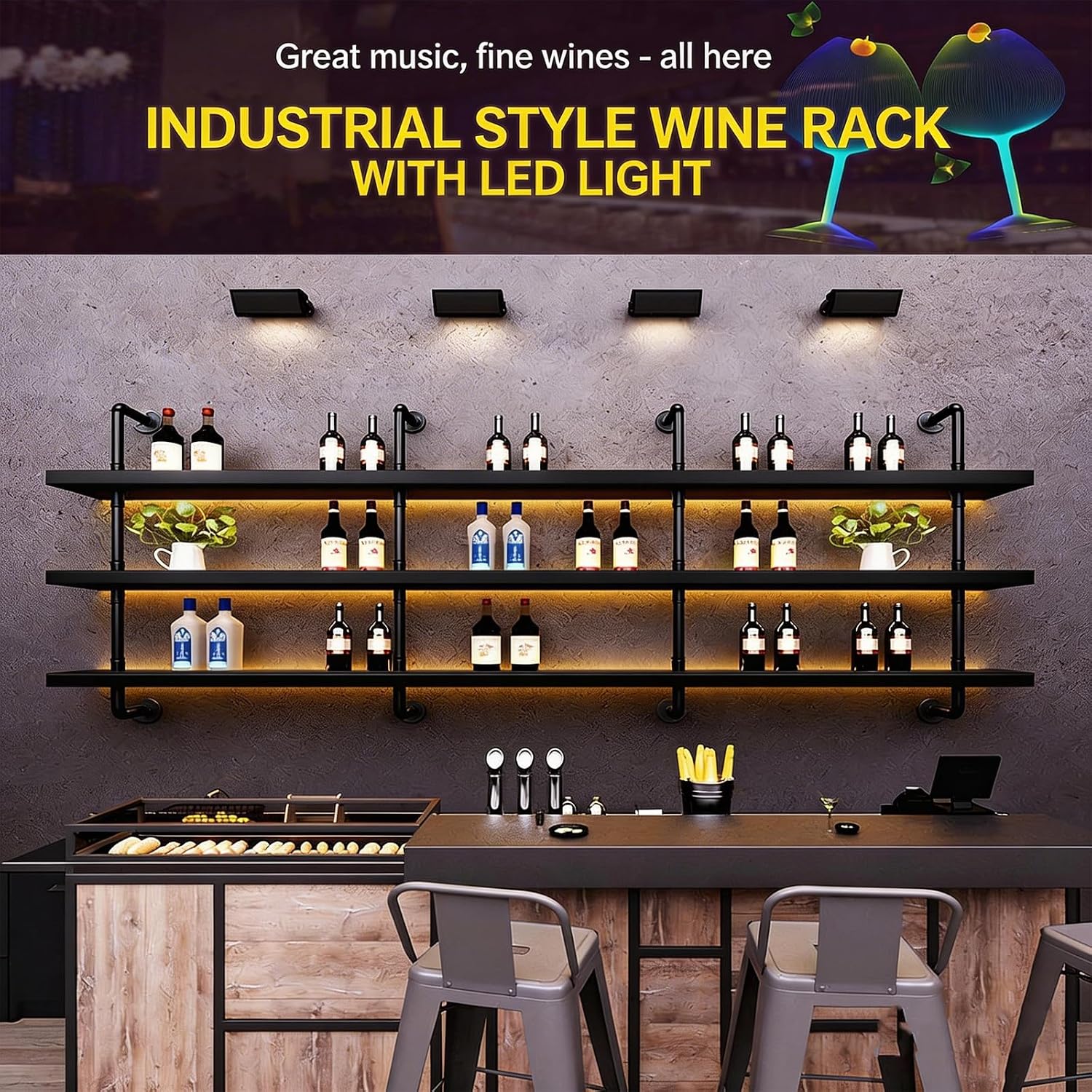 89cm/35in Wall Mounted Wine Rack with LED Light - 3-Tier Solid Wood Industrial Rustic Floating Shelves, Bottle Storage Organizer for Kitchen, Bar, Pub, Cellar, Home Bar (Black, 89cm/35in)