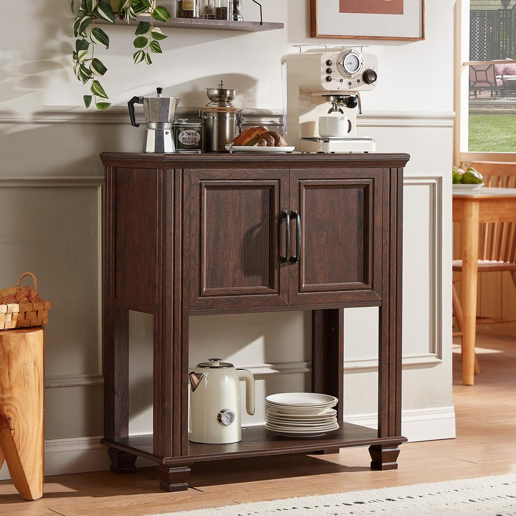 SAVOR LIFE Farmhouse Coffee Bar Table with 2-Door Cabinet, Kitchen Storage Cabinets with Open Shelf, Coffee Station for Dining Room, Kitchen, Hallway, Living Room, Walnut