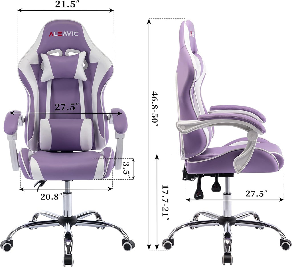 Gaming Chair with Massager, Fabric Gaming Chairs for Adults, Ergonomic Gamer Chair with Adjustable Headrest and Lumbar Support, Reclining Computer Game Chair, High Back, Purple