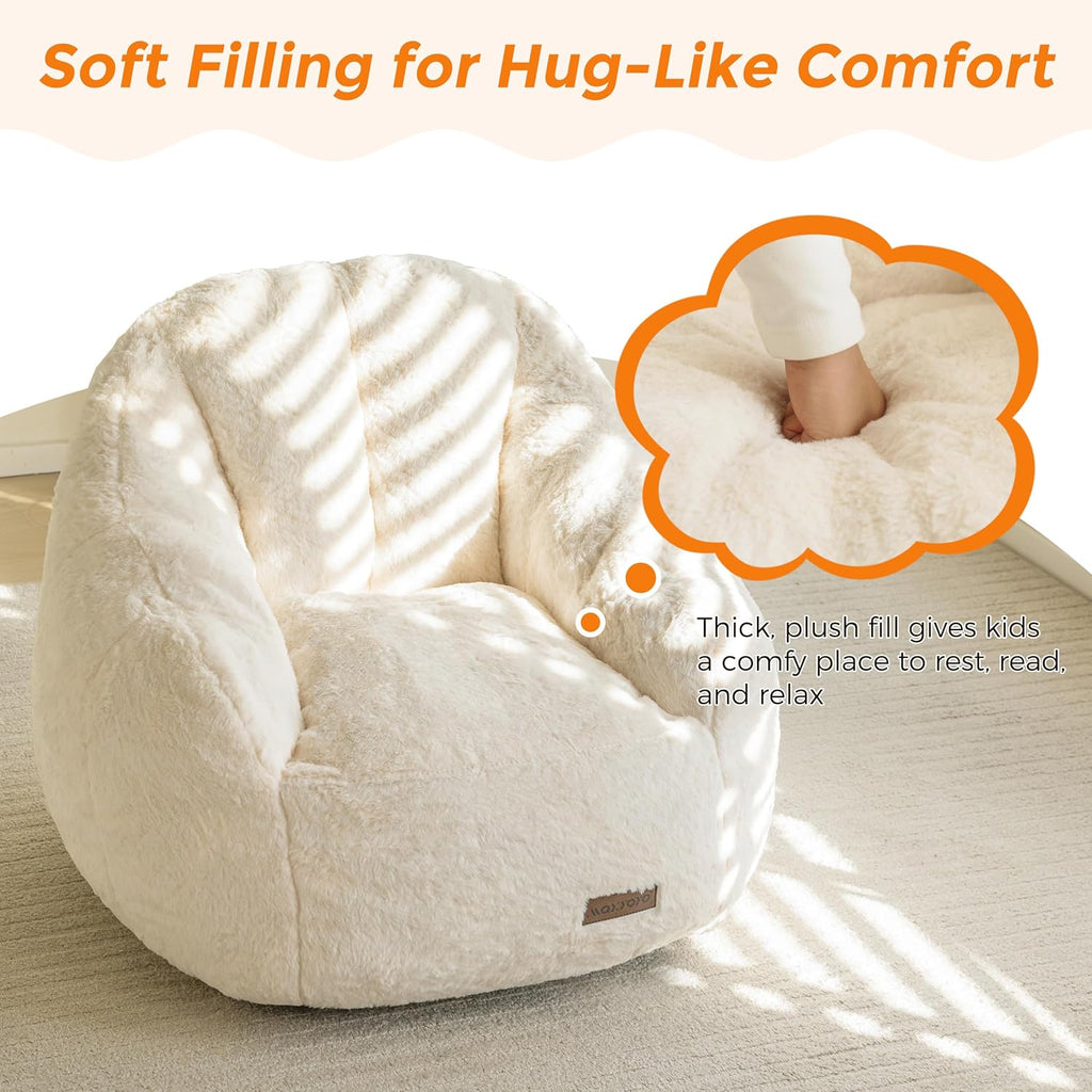 MAXYOYO Kids Bean Bag Chair, Comfy Bean Bag Sofa with Back Support, Faux Fur Cute Chair for Boys and Girls, Stuffed Floor Sofa for Nursery, Bedroom, Beige