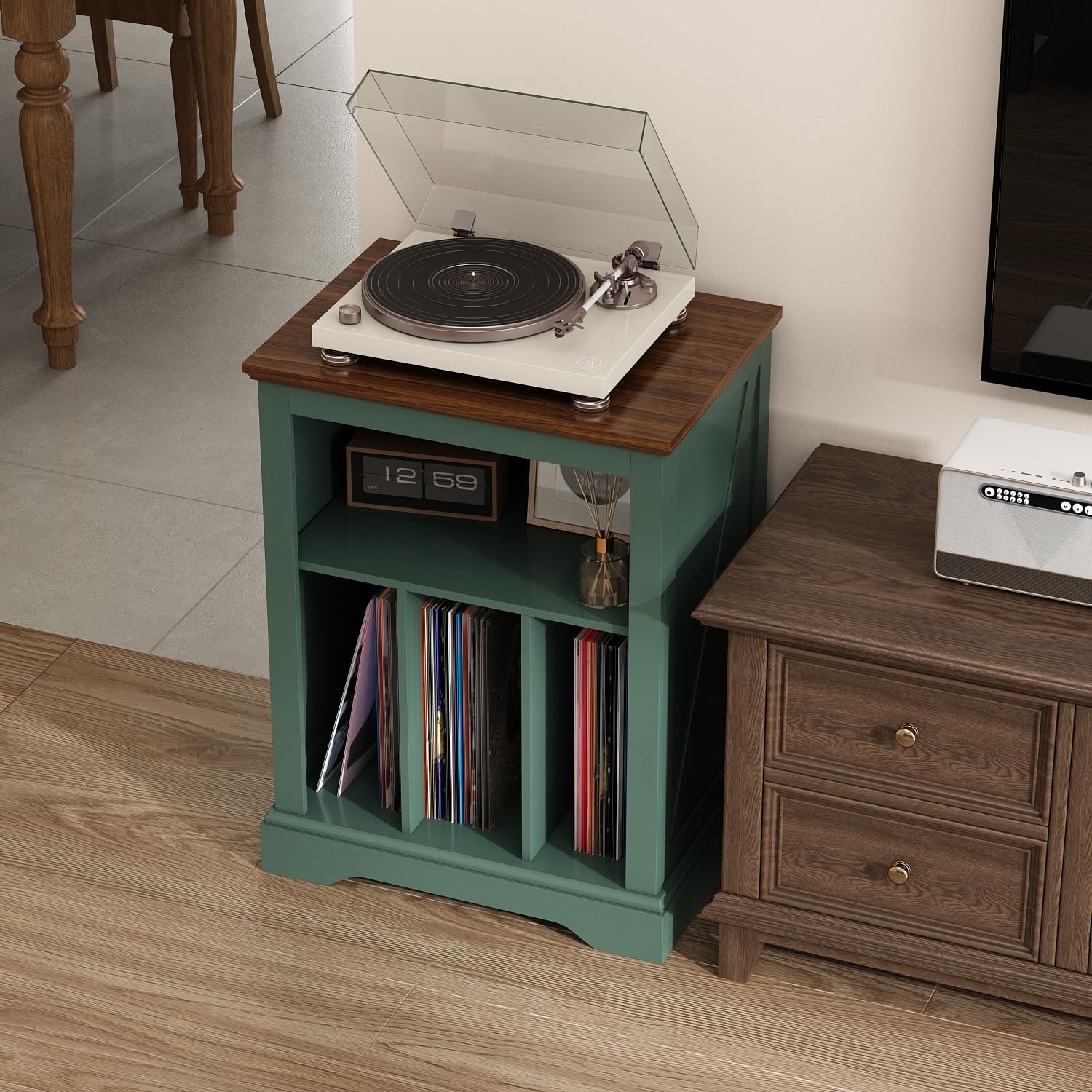 RowyPoey Farmhouse Record Player Stand, 3 Tier End Table, Turntable Stand with Vinyl Record Storage, Wood Record Holder Cabinet Dispaly Shelf for Living Room,Bedroom,Office,Antique White