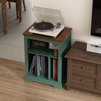 RowyPoey Farmhouse Record Player Stand, 3 Tier End Table, Turntable Stand with Vinyl Record Storage, Wood Record Holder Cabinet Dispaly Shelf for Living Room,Bedroom,Office,Antique White