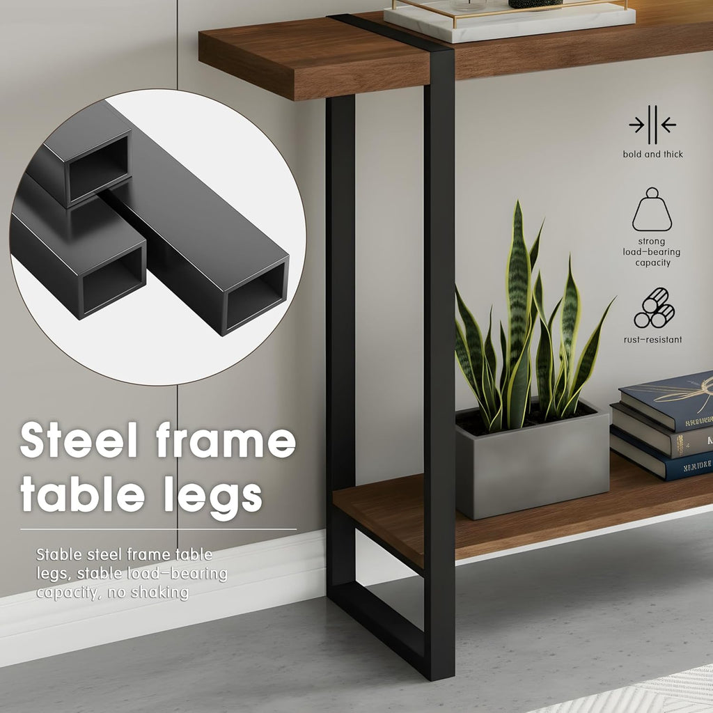 Solid Wood Console Table, 1.96" Thick Top Entryway Table, Narrow Sofa Table Behind Couch, Heavy Duty Industrial Hallway Table with Steel Frame, Rustic Farmhouse