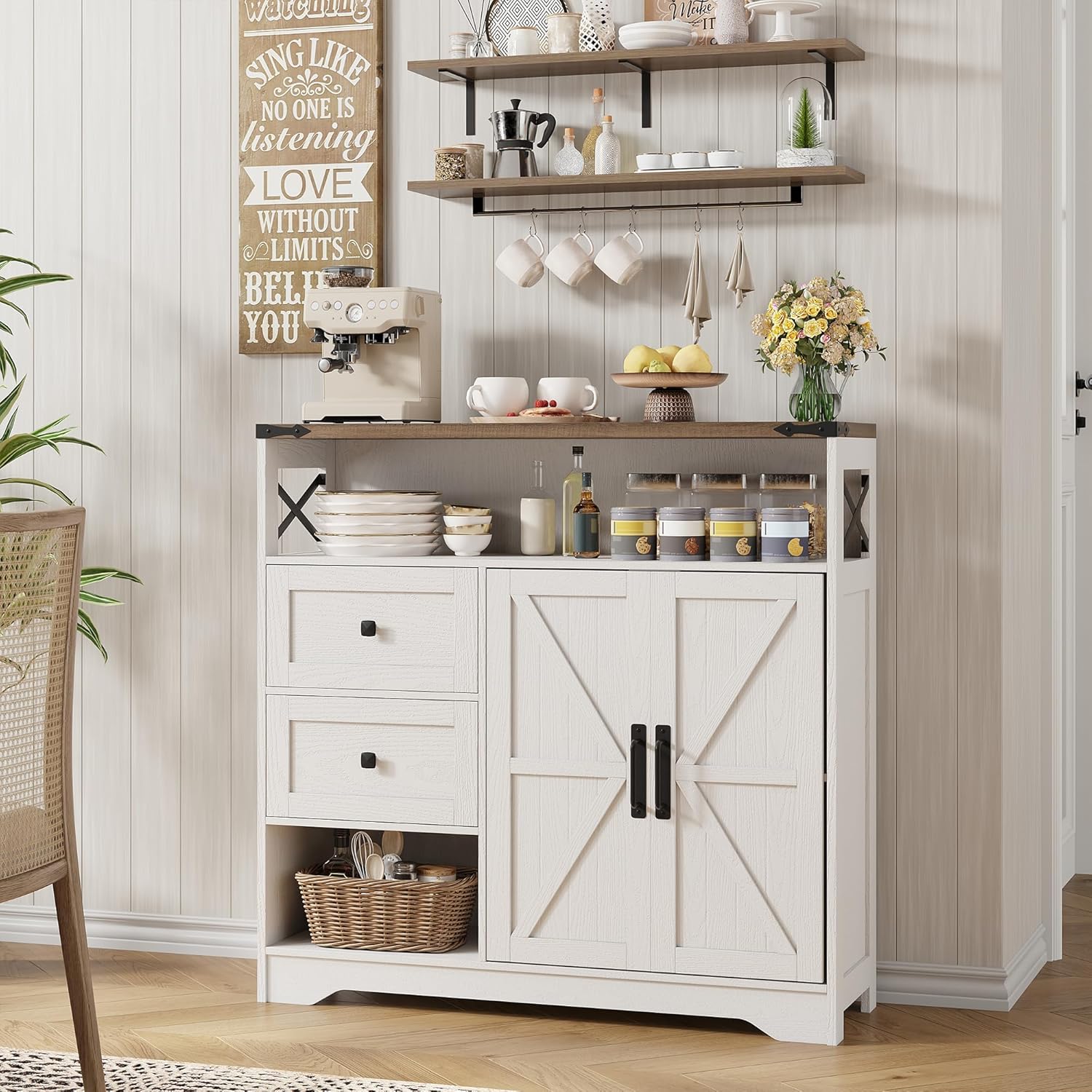 Vabches Farmhouse Buffet Sideboard Cabinet with Drawers and Open Shelf, 38.5" Storage Cabinet with Adjustable Shelves and Door, Modern Coffee Bar Hutch Pantry for Kitchen, Living Room, Entryway, White